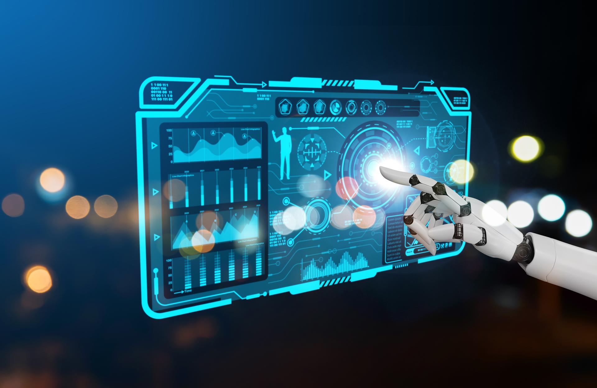 Futuristic industry 4.0 concept, Robots hand with graphic interface showing automation design, robot operation, usage of machine deep learning for future manufacturing.