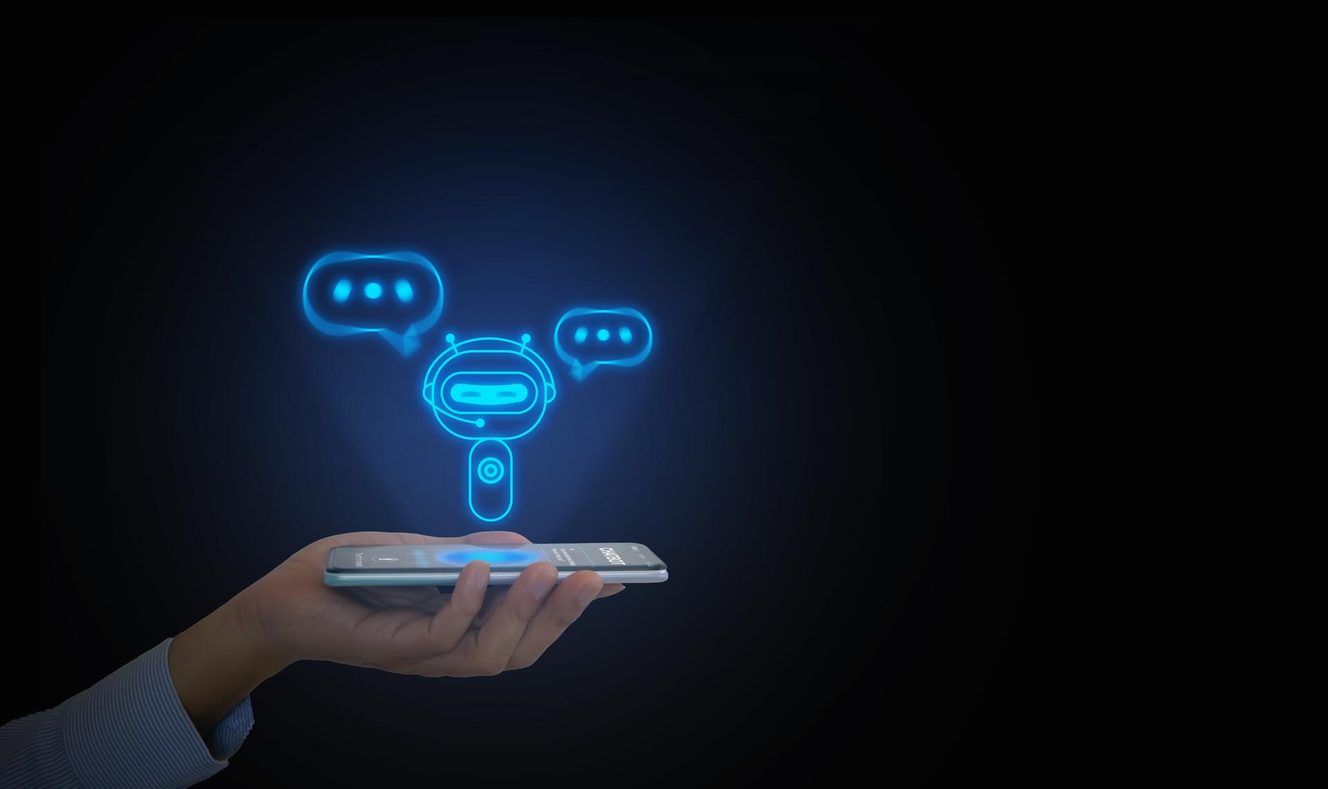 Digital chatbot, conversational agents, robot application, conversation assistant that mimic human speech. Hand holding smartphone with digital AI chatterbot on virtual screen for online information.