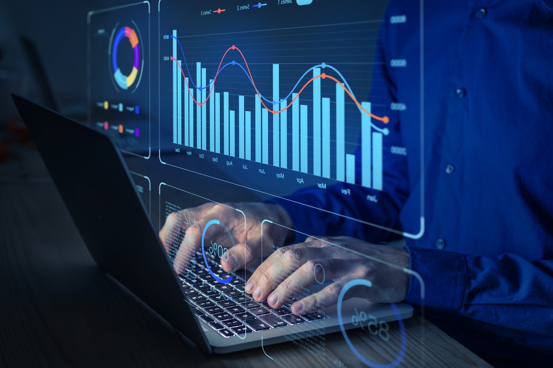 Data analyst working on business analytics dashboard with charts, metrics and KPI to analyze performance and create insight reports for operations management.